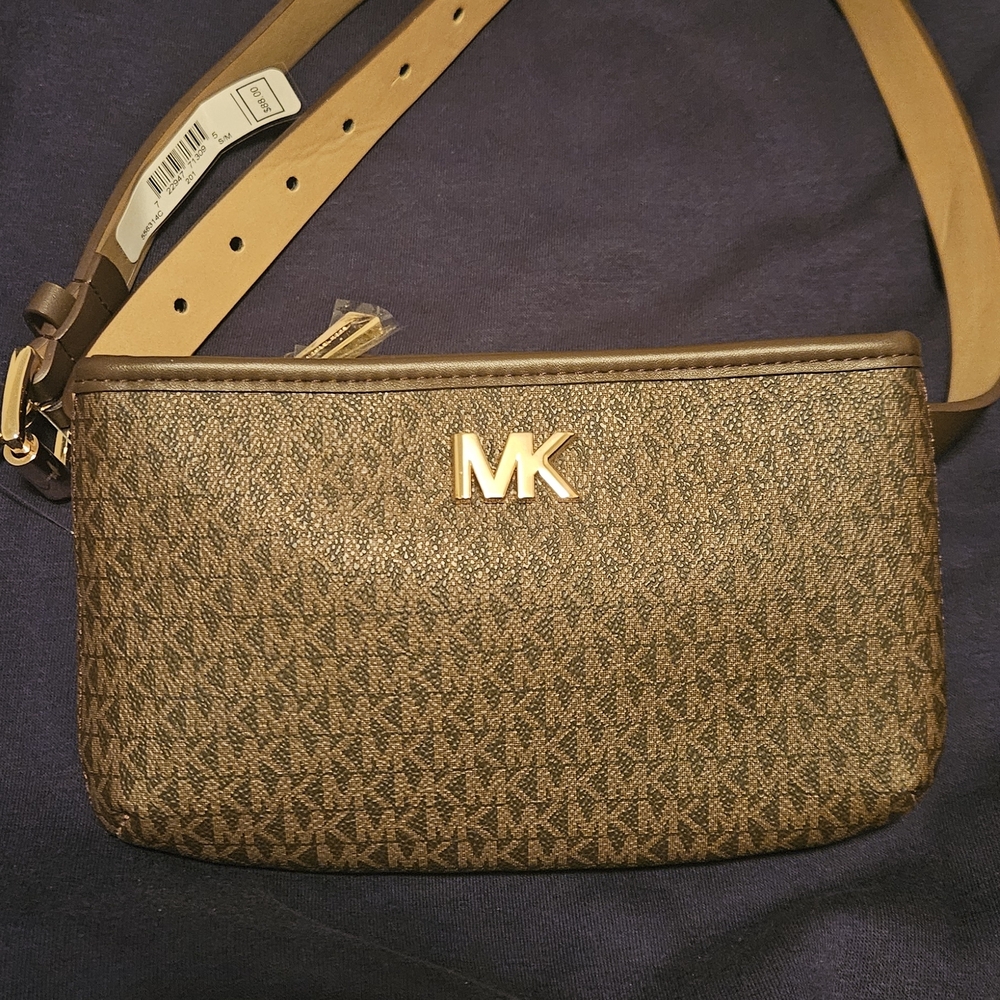Michael Kors Brown Monogram MK Belt Bag with Gold Logo